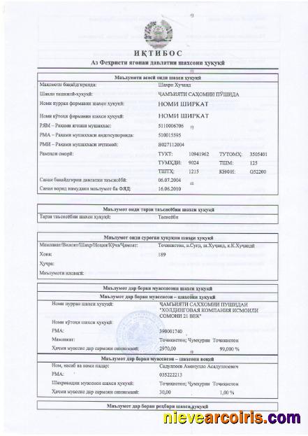 Tajikistan Certificate of Registration
